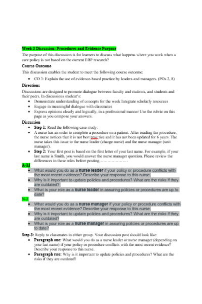 NR 447 Week 3 Discussion; Procedures and Evidence (Question to answer A-M and N-Z)